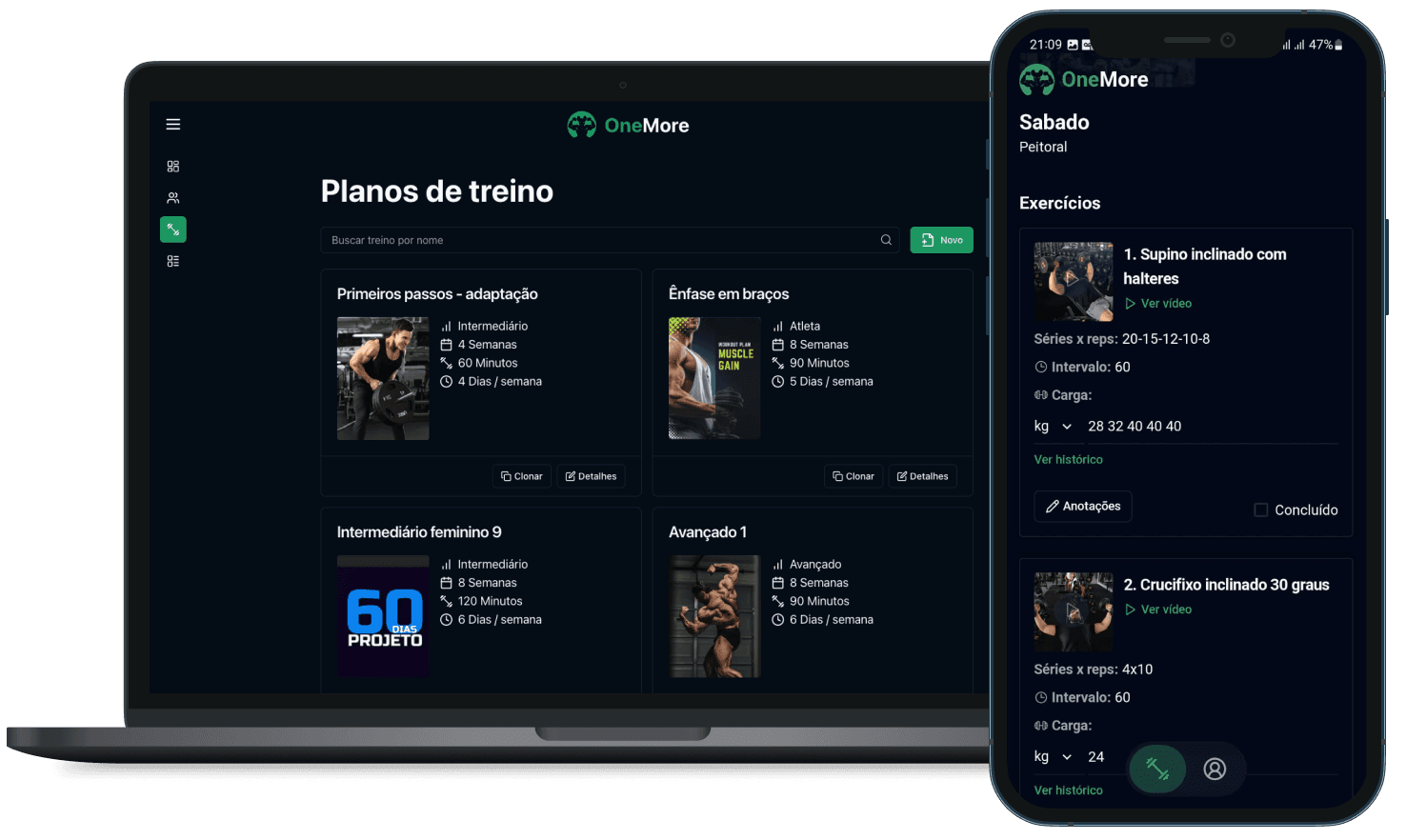 OneMore em um notebook e um iPhone